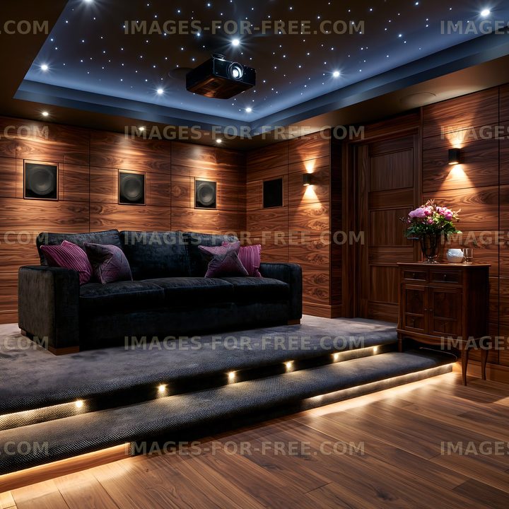 Elegant home cinema with wood walls and tiered seating