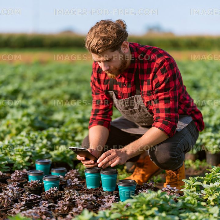 Man checking a tablet while tending plants outdoors