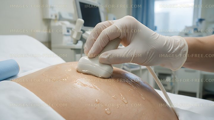 Gloved sonographer using an ultrasound transducer