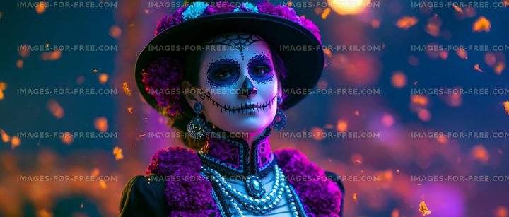 Colorful Calavera Portrait with Floral Headwear