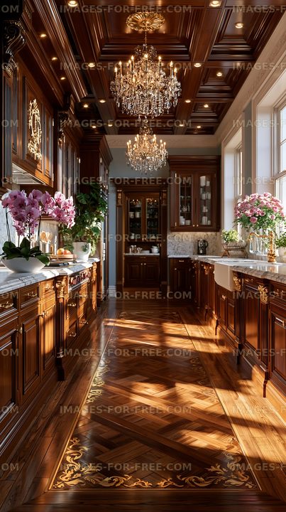 Elegant wooden kitchen with chandeliers and floral arrangements