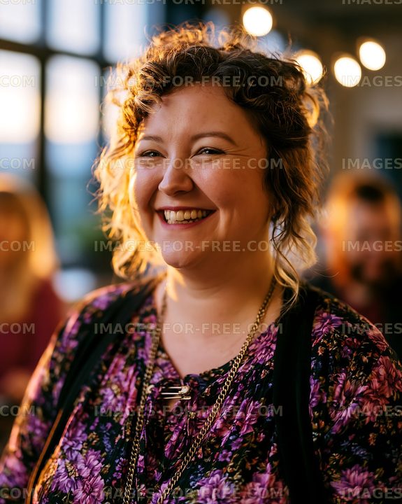 Close portrait of smiling woman in purple floral top