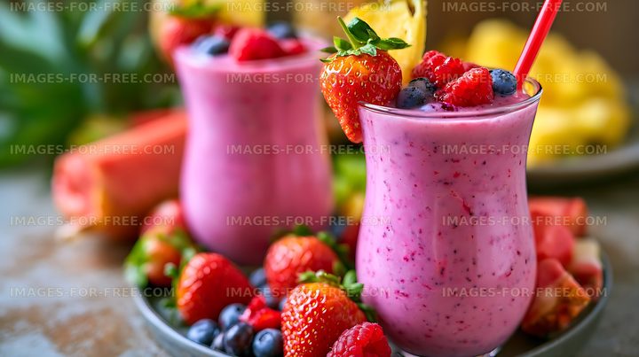 Pink berry smoothie topped with fresh mixed berries