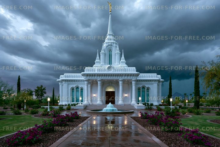 White temple and fountain under dark storm clouds