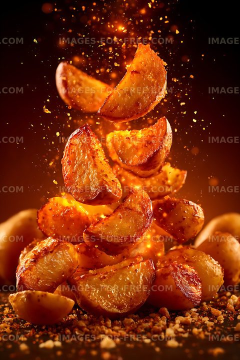 Golden roasted potato wedges surrounded by flying crumbs
