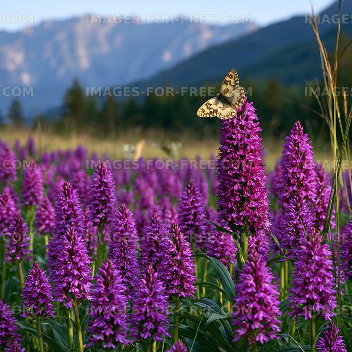 Butterfly resting on purple flower in mountain meadow