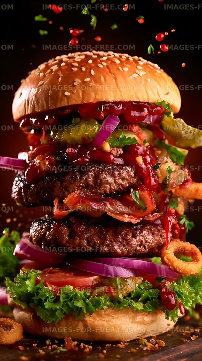 Loaded double cheeseburger with colorful fresh toppings