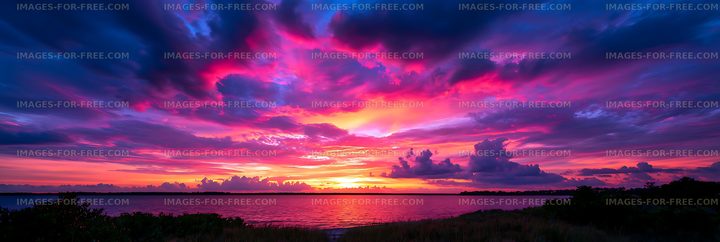 Colorful sunset sky reflected on calm coastal water