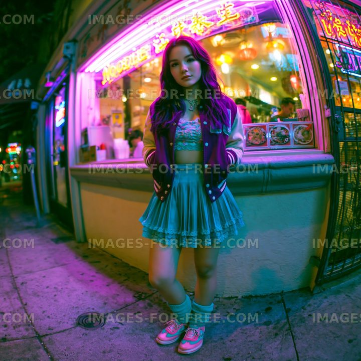 Woman in colorful neon light outside a restaurant