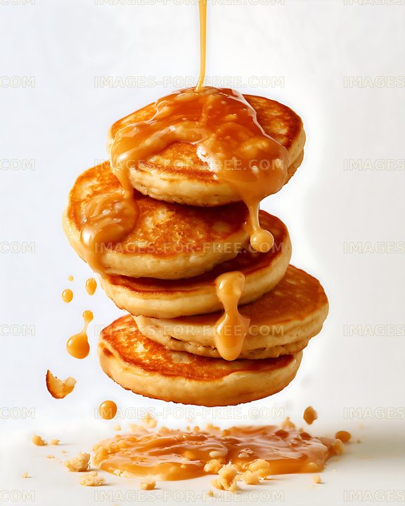 Golden pancake stack covered in flowing caramel syrup