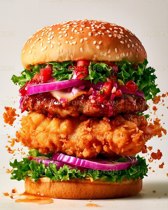Close-up loaded crispy chicken burger with fresh toppings