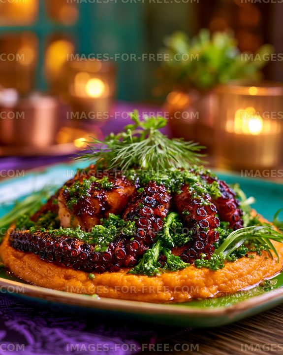 Close-up grilled octopus plated with herbs and puree