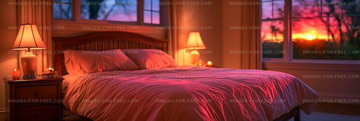 Warm bedroom interior glowing at sunset