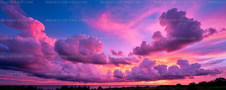 Vivid pink and purple sunset clouds above the sea