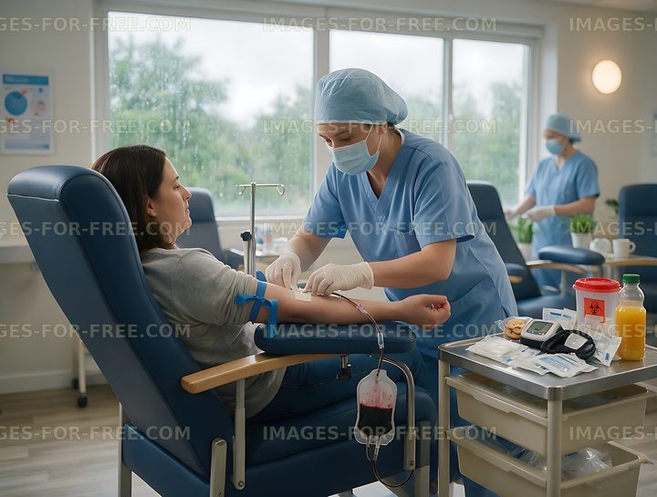 Donor receiving blood draw in medical donation room
