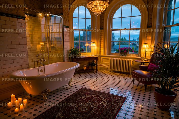 Warm luxury bathroom interior with clawfoot tub