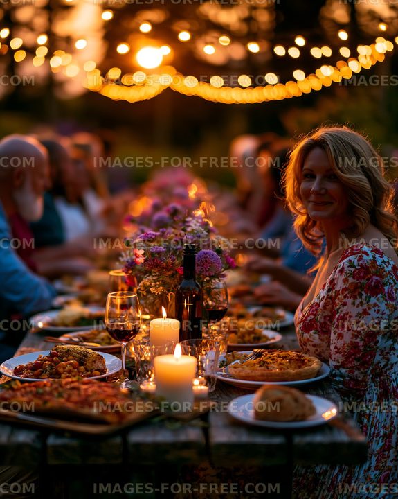 Warm outdoor dinner gathering with candlelight and string lights