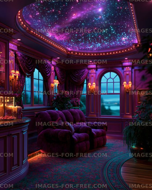 Luxury purple lounge beneath a glowing starry ceiling
