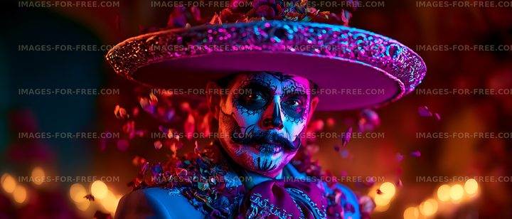 Vivid portrait of person with skull face paint and sombrero