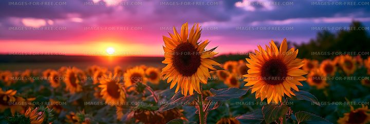 Two sunflowers in a colorful sunset field