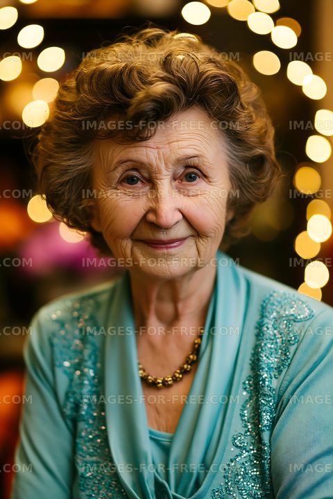 Elderly woman posing with a warm smile and twinkling lights