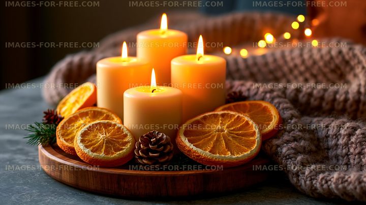 Cozy candle arrangement with oranges and winter decorations