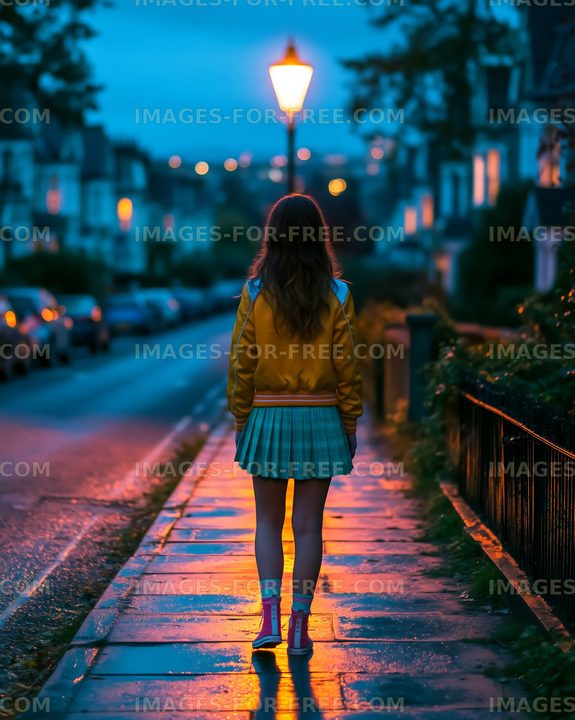Child walking through a glowing residential street at dusk