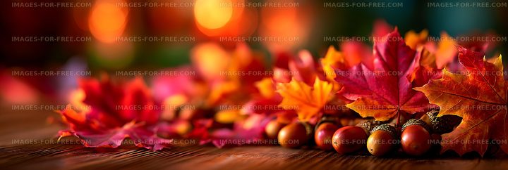 Colorful autumn leaves and acorns with warm glowing bokeh