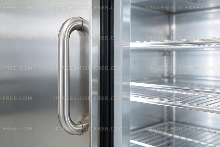 Open refrigerator with stainless steel handle and shelves