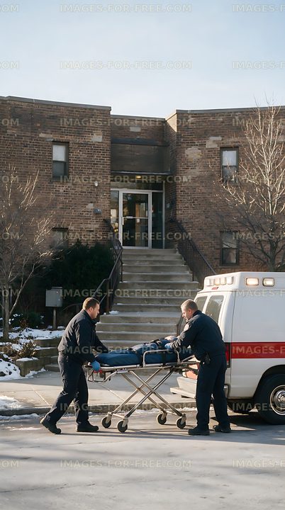 Paramedics moving stretcher beside ambulance in winter