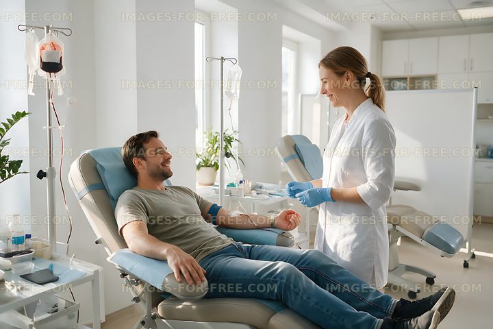 Donor relaxing during blood collection at a medical clinic