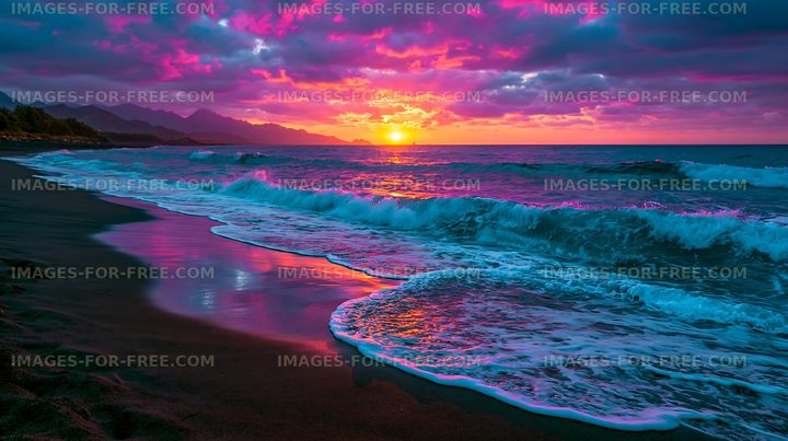 Vivid sunset waves along a mountain coastline