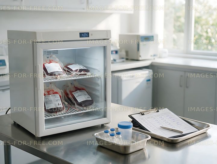 Blood bank refrigerator holding blood bags in a clinical laboratory