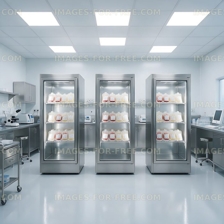 Three blood storage refrigerators in a medical laboratory