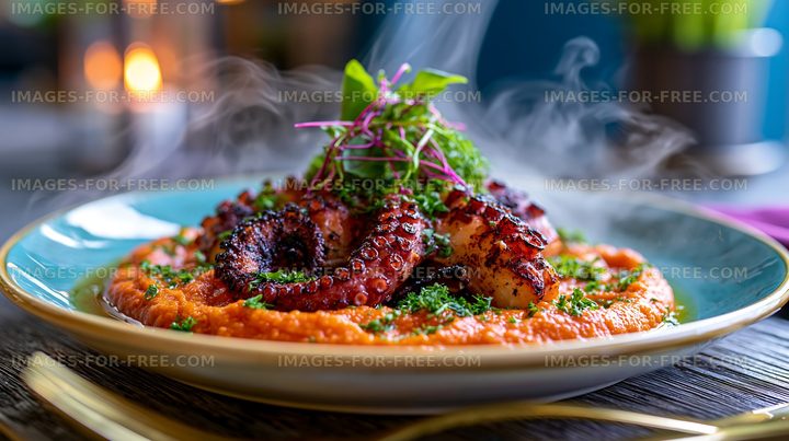 Steaming grilled octopus served with puree and herbs