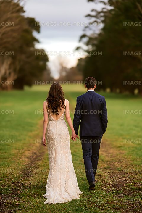 Wedding couple walking together across a green park