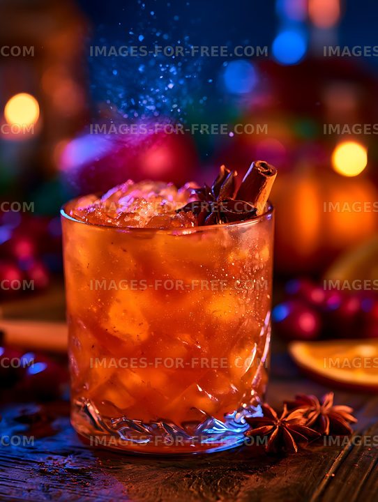 Orange iced cocktail garnished with spices and colorful lights