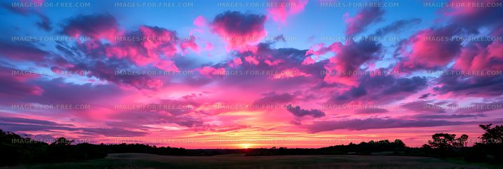 Dramatic colorful sunset over rural fields and trees
