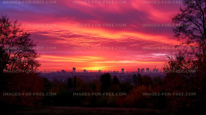 Colorful sunset skyline framed by autumn trees