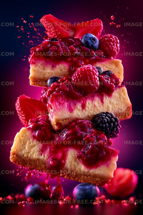 Colorful stacked cheesecake with mixed berries
