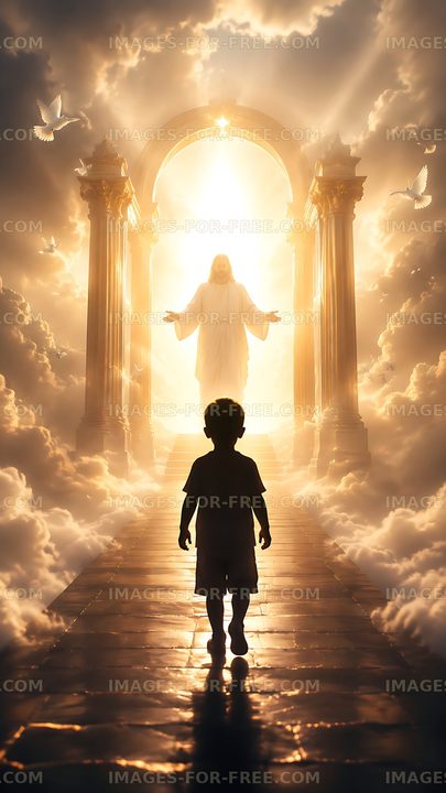 Child walks toward light through a mystical archway
