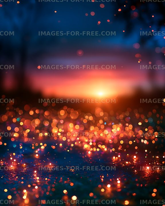Vibrant glowing bokeh lights on a dark blue abstract background