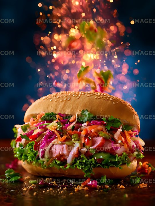 Vibrant deli sandwich with sesame bun and colorful fillings