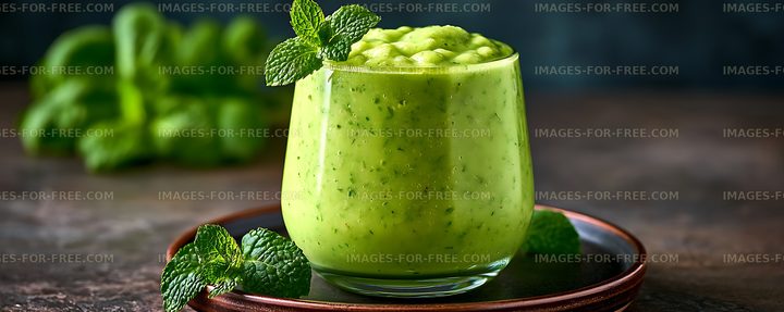 Fresh green smoothie garnished with mint