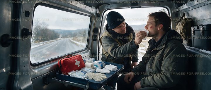 First aid care for a facial injury in a vehicle
