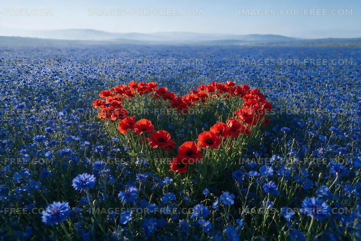 Red flowers form heart shape in blue field of cornflowers