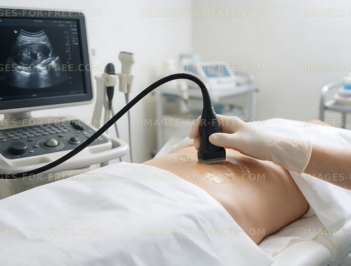 Ultrasound transducer scanning a patient in a clinic