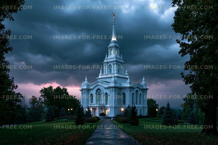 White temple glowing beneath dark storm clouds