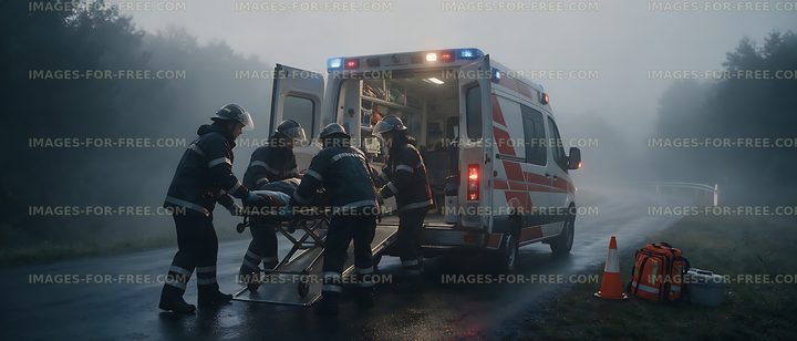 Four responders loading a stretcher into an ambulance