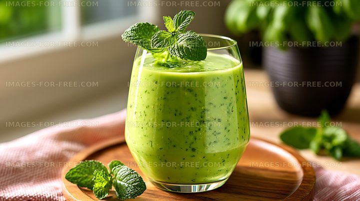 Fresh green smoothie topped with mint leaves